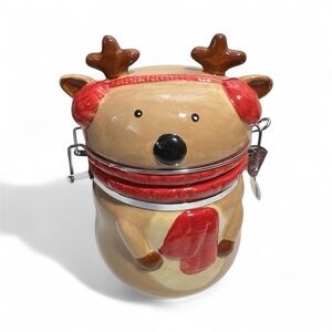 Ceramic Reindeer Cookie / Candy / Dog Treat Jar With Hinged Lid